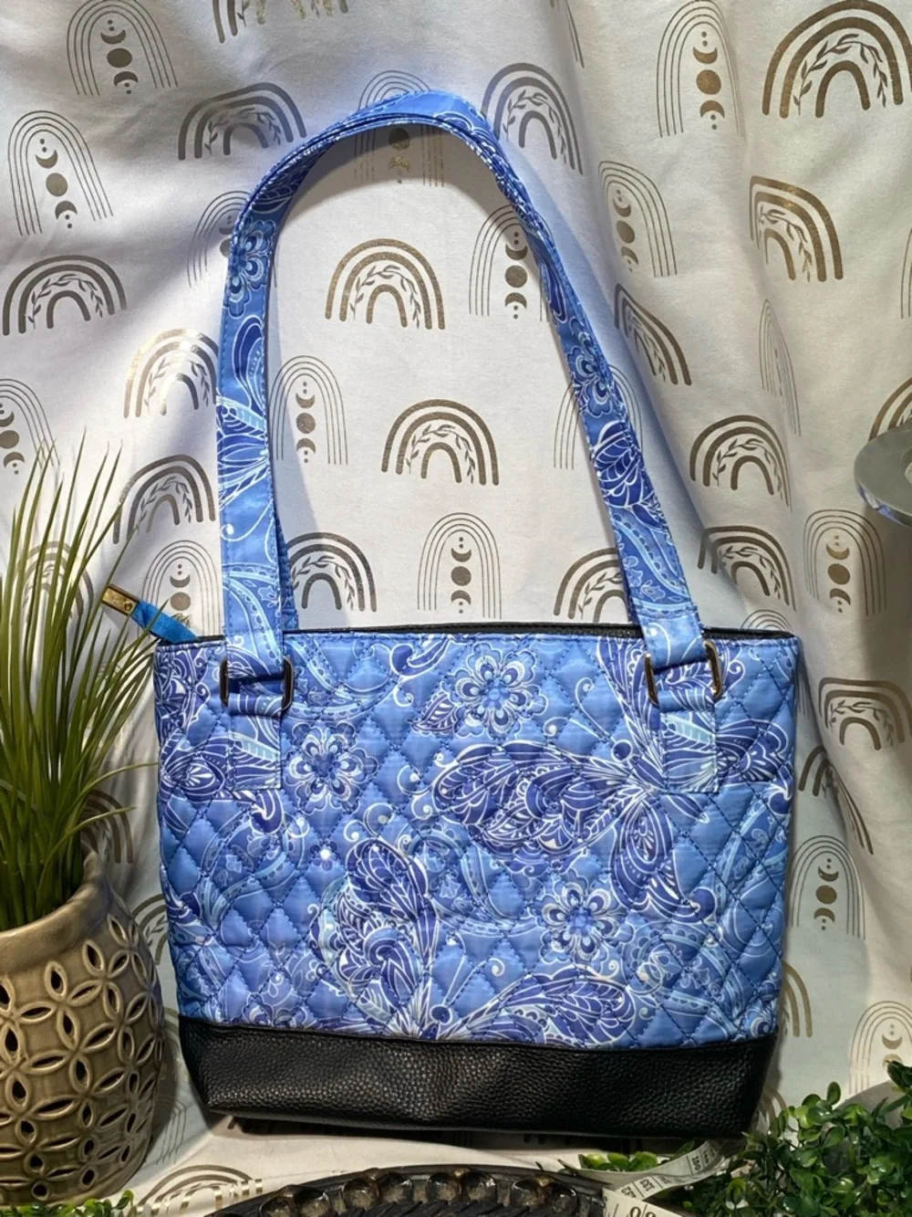 Quilted Blue Floral Tote Bag with Black Base